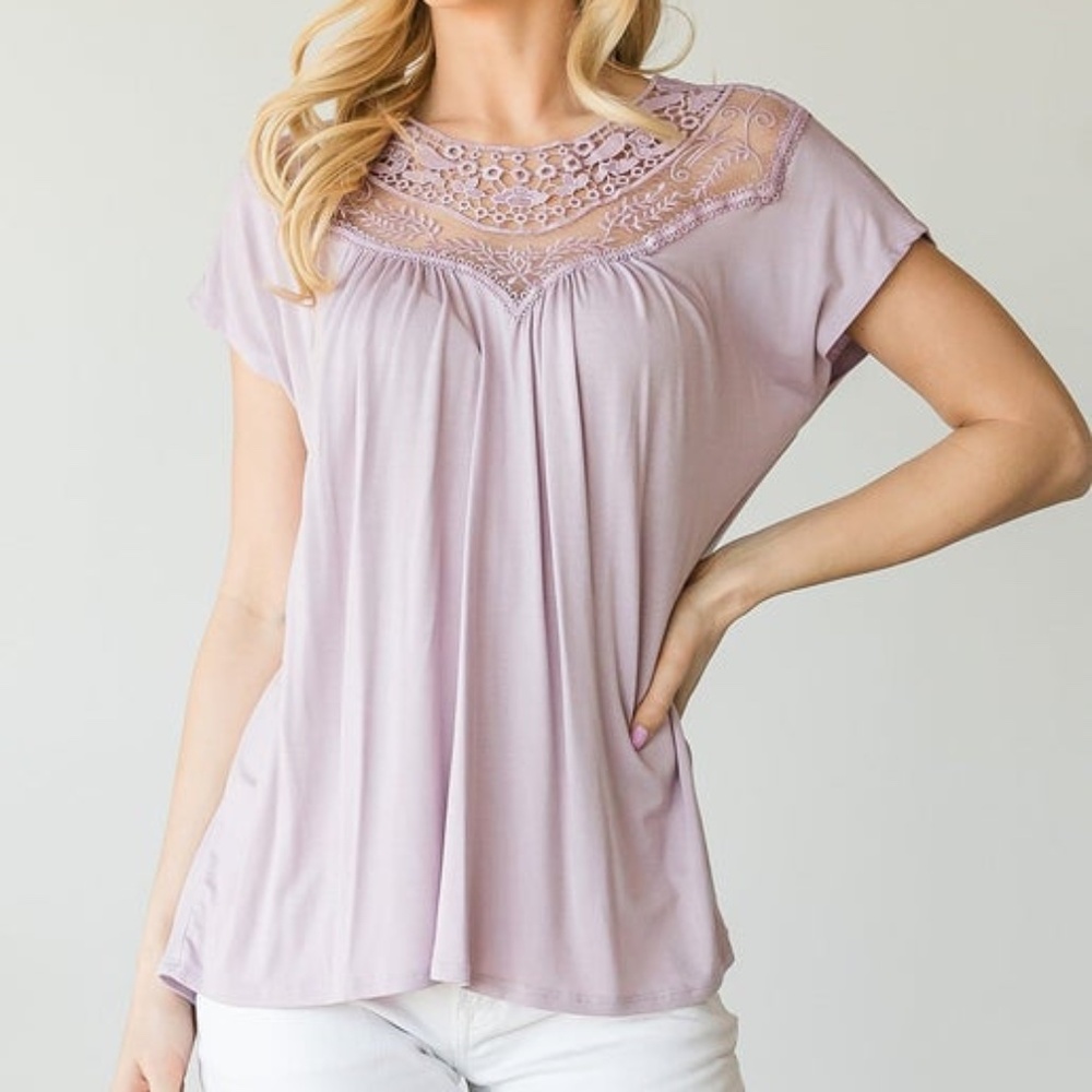 Lavender Lace Trim Accented Short Sleeve Top - NEW WITH TAGS